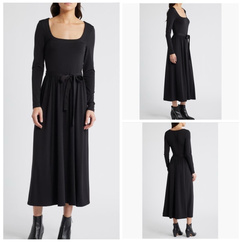 NWT PAIGE Nieve Long Sleeve Black Maxi Jersey Dress with Tie Waist